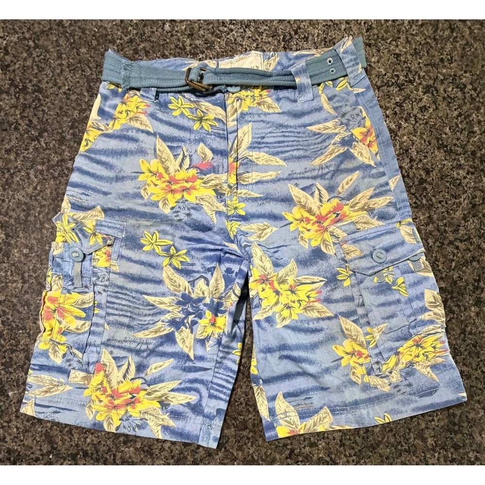 Tivo Roxx Mens Blue Floral Tropical‎ Cargo Shorts 100% Cotton Belted Size 34